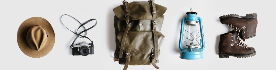 Backpack, shoes, camera, hat and lantern kit