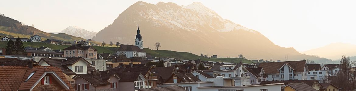 swiss mountain view at sunset 